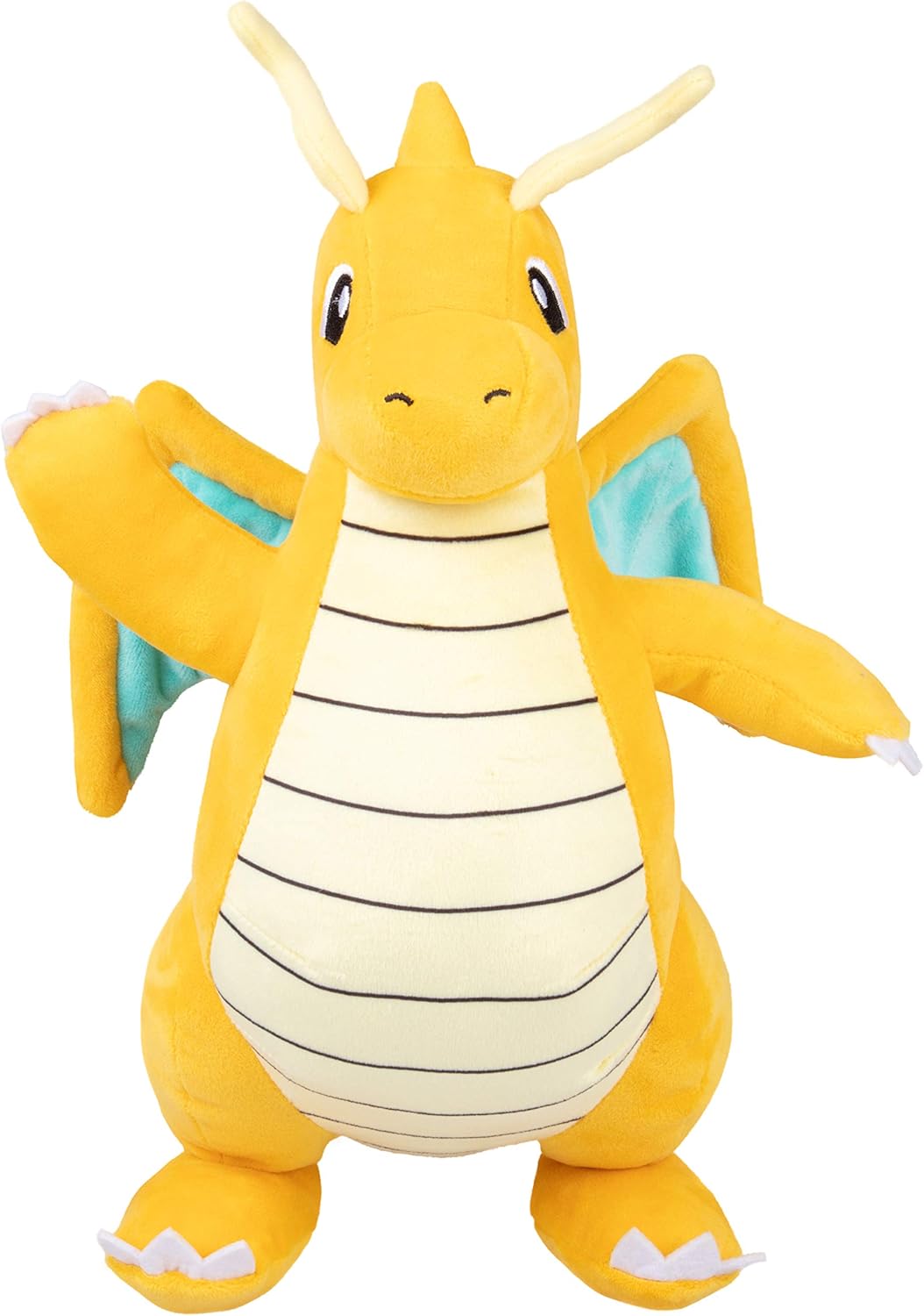 Dragonite Plush toy of a yellow dragon-like creature on a white background