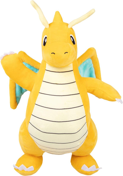 Dragonite Plush toy of a yellow dragon-like creature on a white background