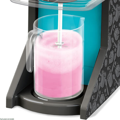 Pink drink being spun in a machine with a clear container.