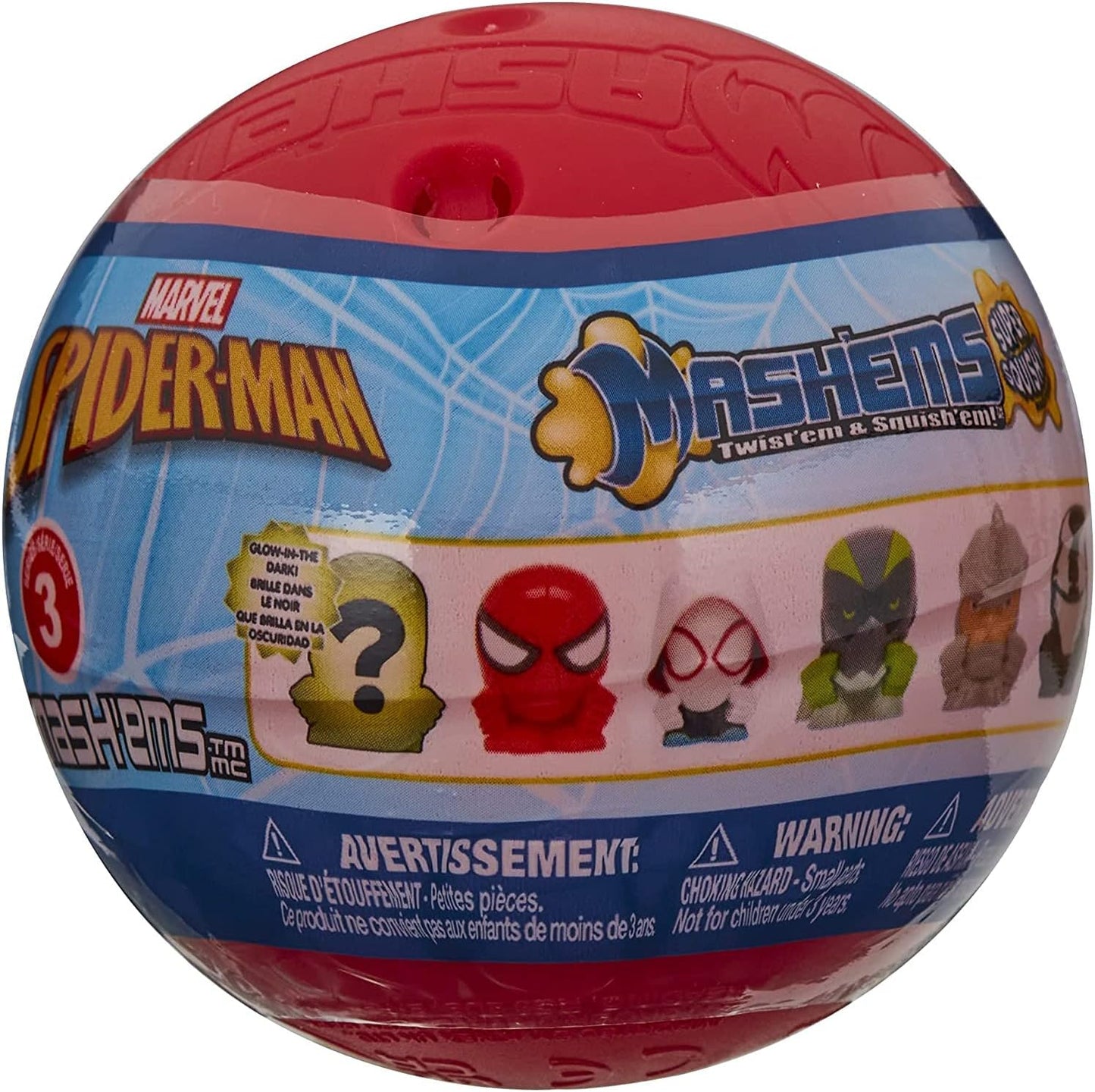 Marvel Spider-Man Mashems toy ball packaging with character images on a white background