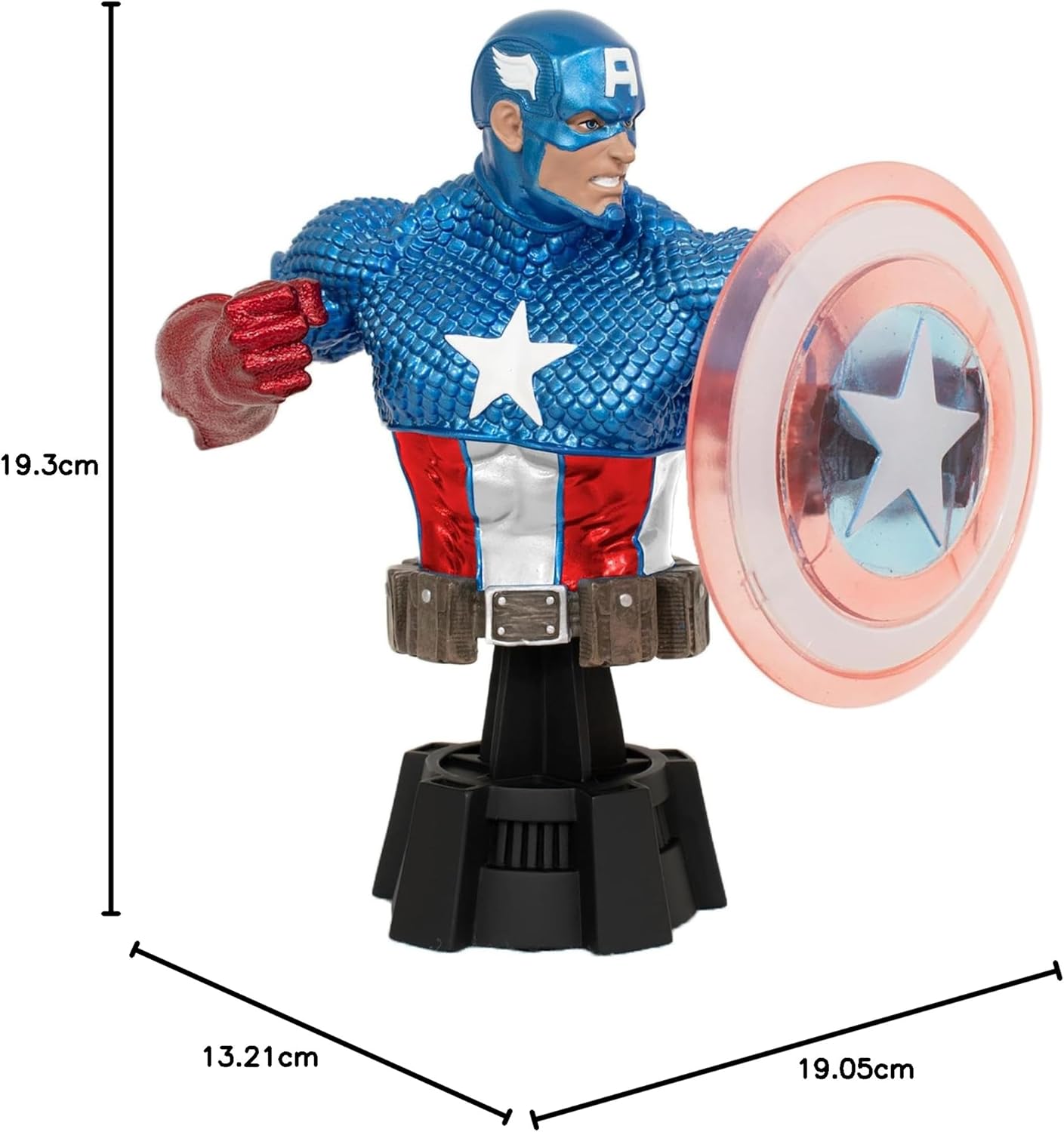 Captain America figurine with shield, measurements shown