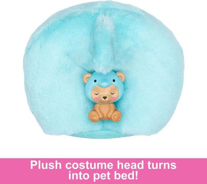 Plush toy with a blue costume head and teddy bear body on a white background