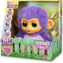Fingerlings toy in packaging with purple fur and green eyes