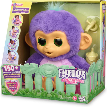 Fingerlings toy in packaging with purple fur and green eyes