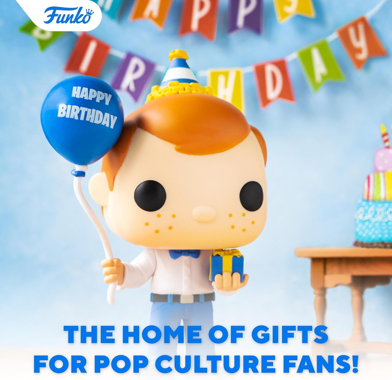 Funko Pop! vinyl figure of a character with a birthday hat and balloon, with 'Happy Birthday' banner and cake in the background.
