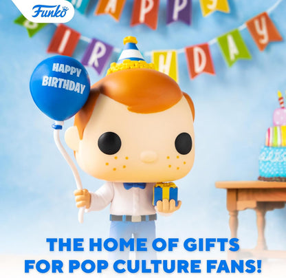 Funko Pop! vinyl figure of a character with a birthday hat and balloon, with 'Happy Birthday' banner and cake in the background.