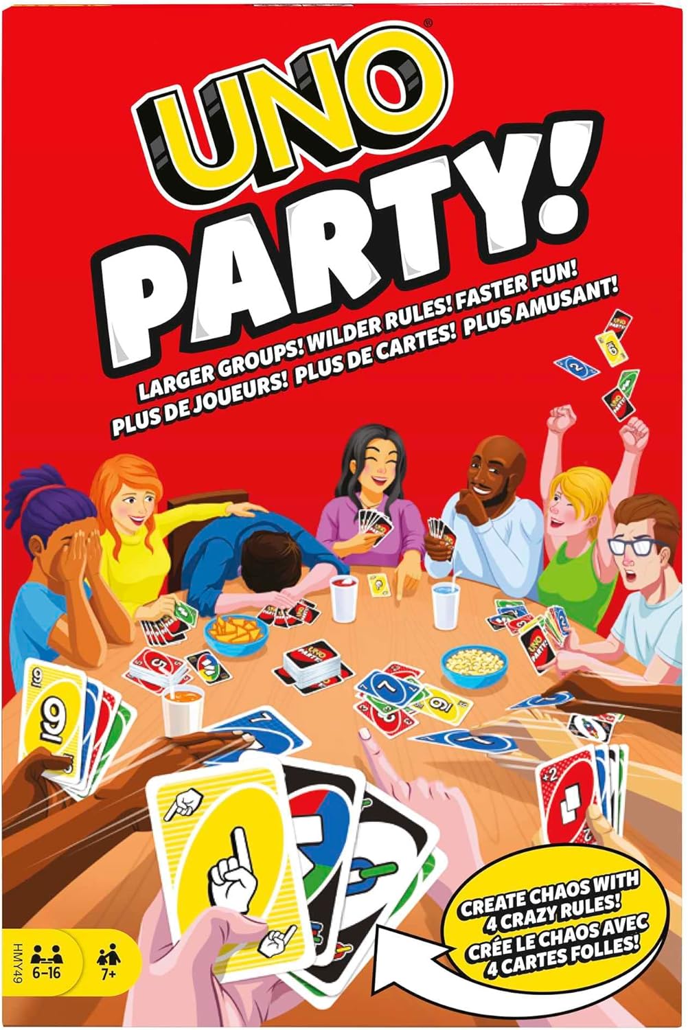 UNO Party! game box with colorful illustrations of people playing the game on a red background.