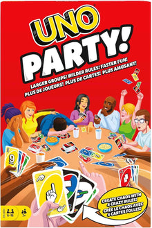 UNO Party! game box with colorful illustrations of people playing the game on a red background.