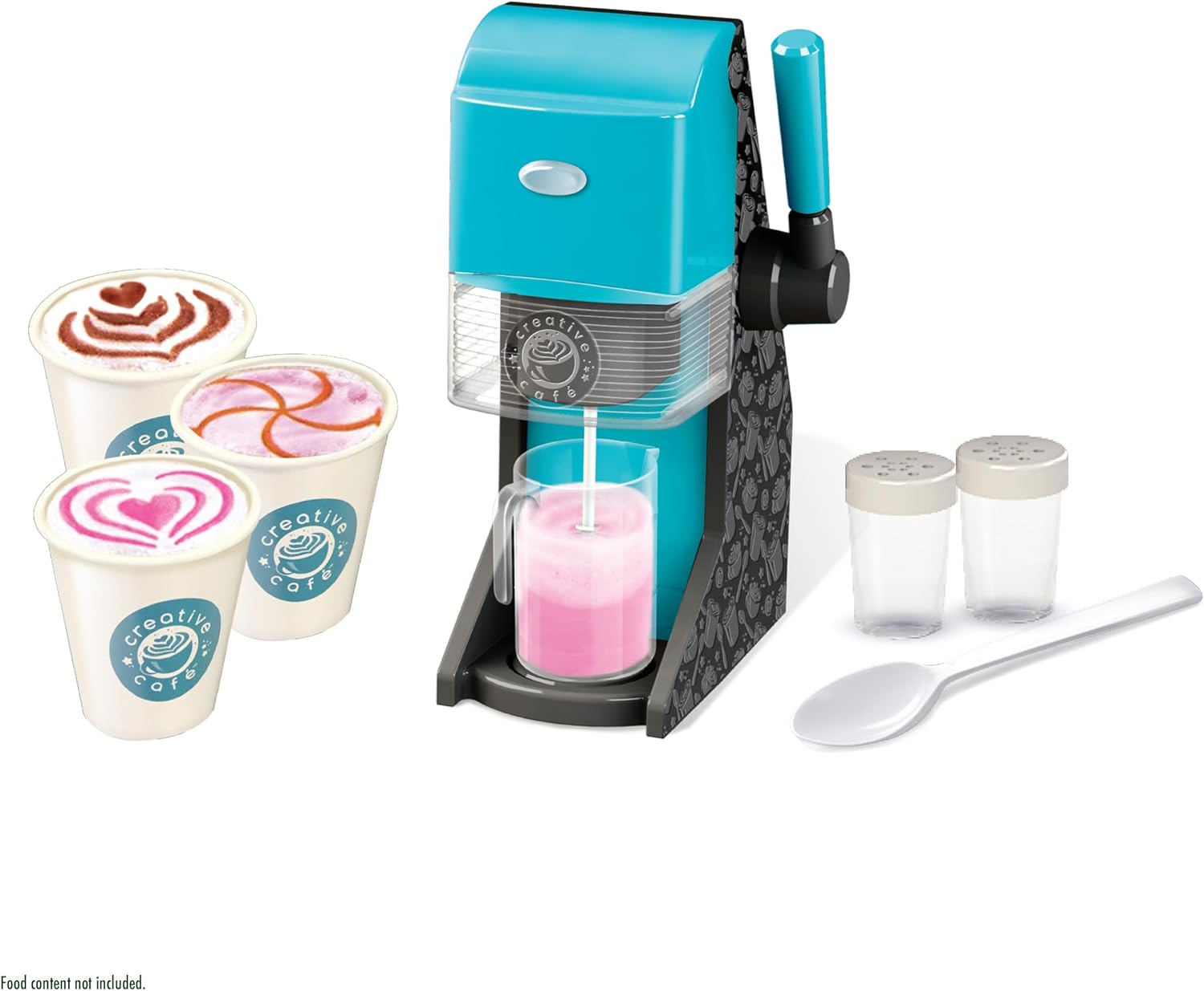 Blue drink maker with cups of ice cream and accessories on a white background