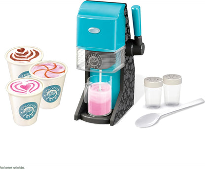 Blue drink maker with cups of ice cream and accessories on a white background