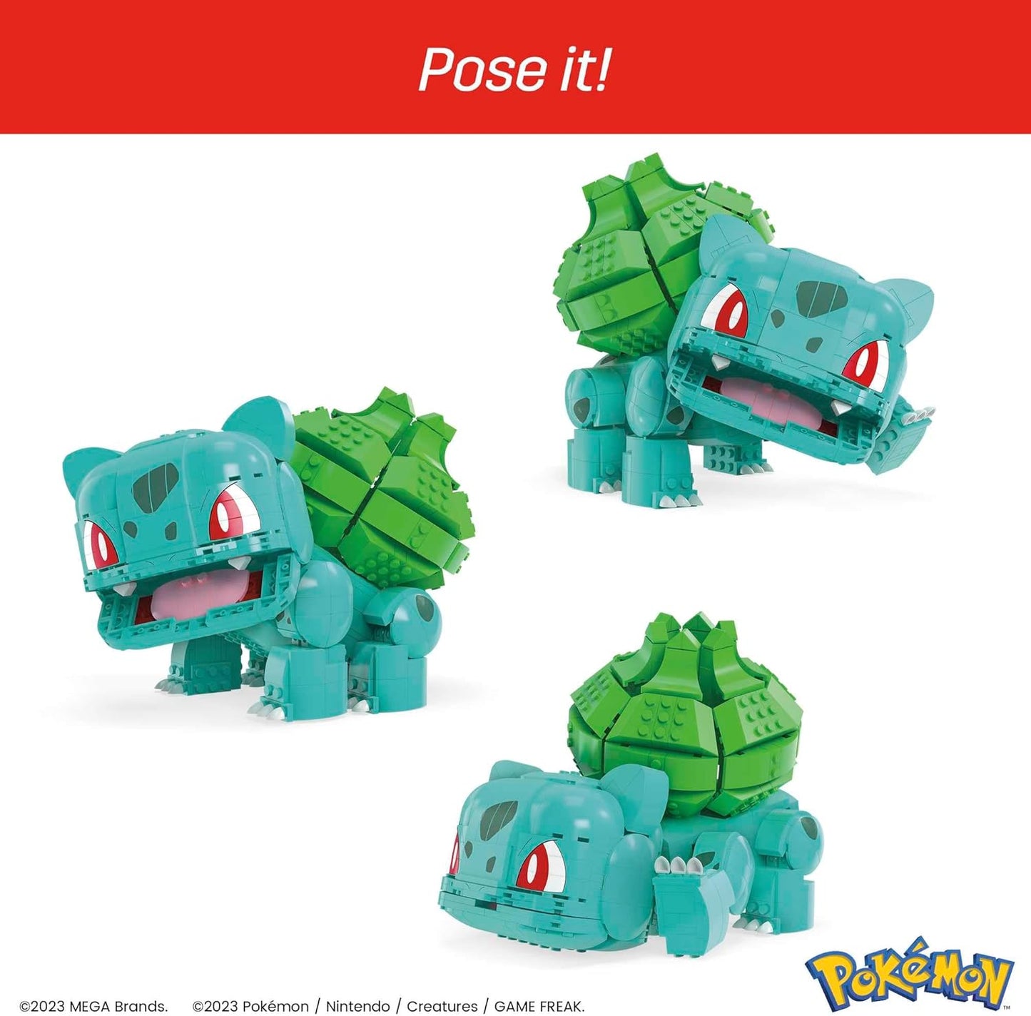 Three poses of a green and blue toy Bulbasaur figure with red eyes on a white background, featuring the Pokémon logo.