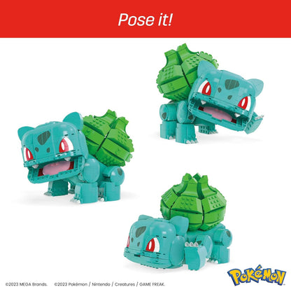 Three poses of a green and blue toy Bulbasaur figure with red eyes on a white background, featuring the Pokémon logo.