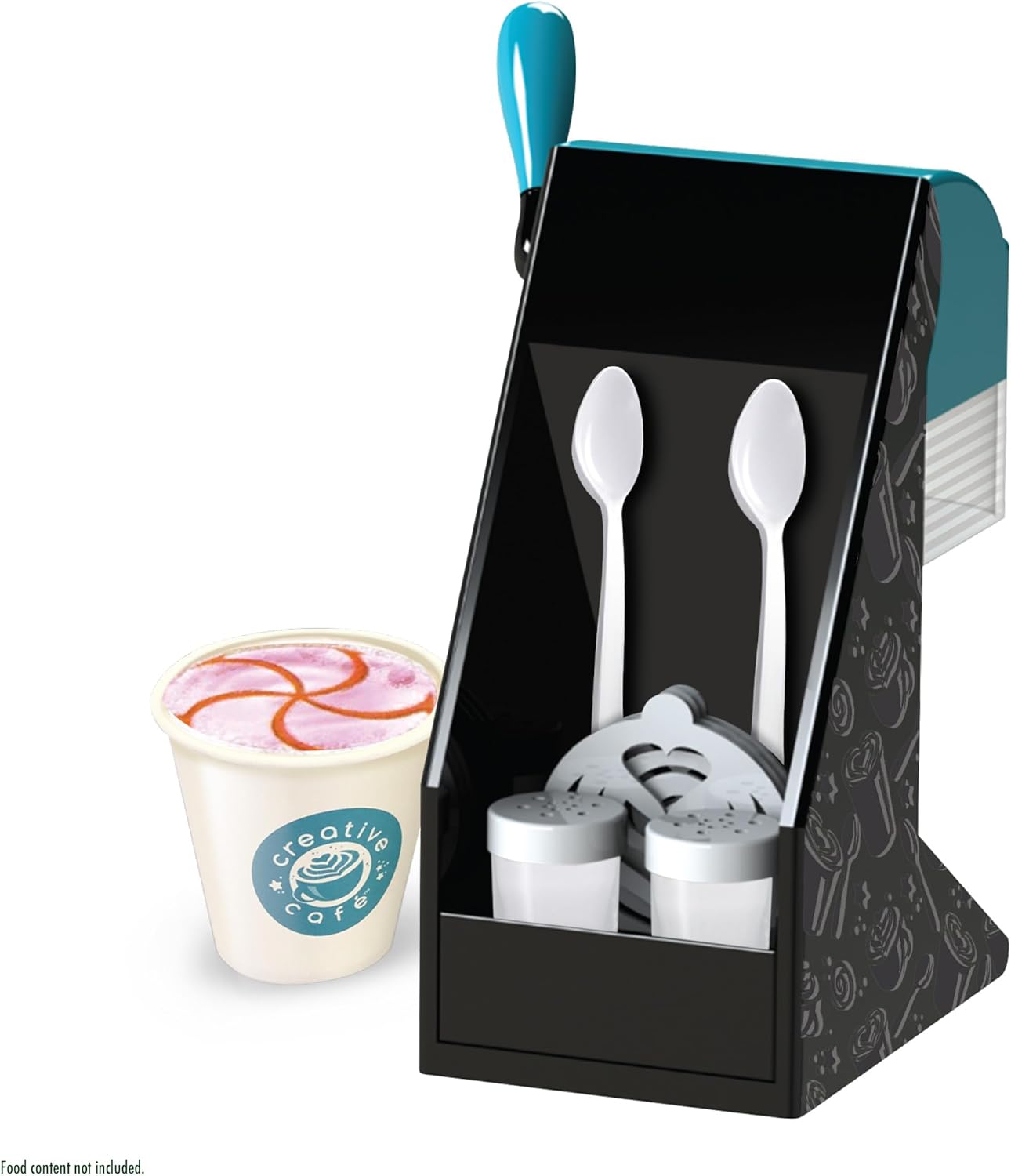 Black condiment holder with spoons, shakers, and a coffee cup in the background