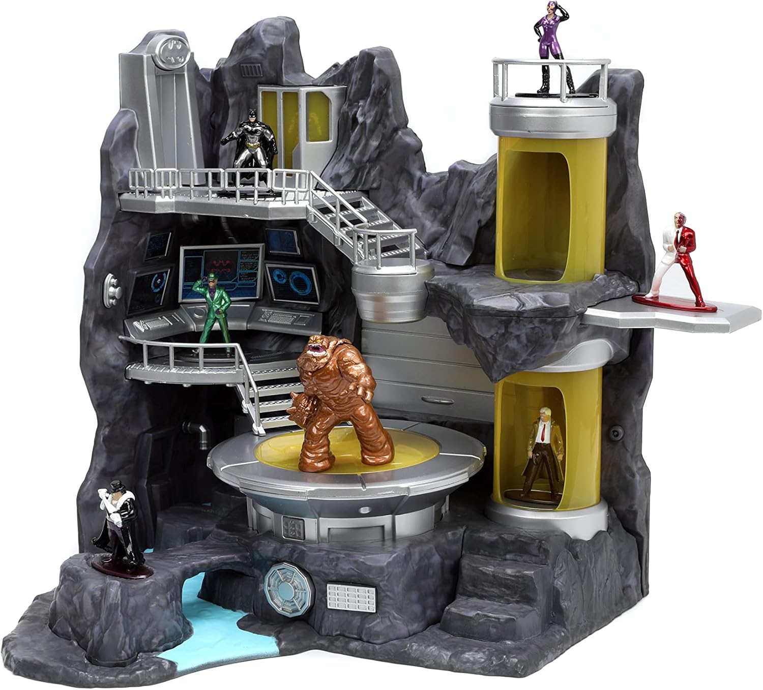 Toy playset with multiple figures on various platforms and levels.