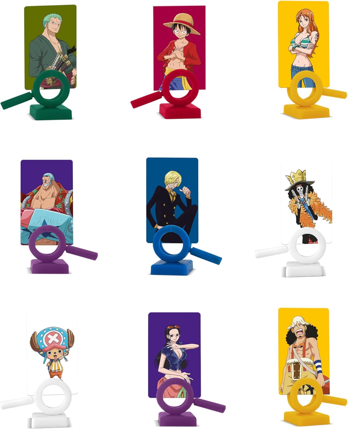 Set of character figurines with colorful stands on a white background