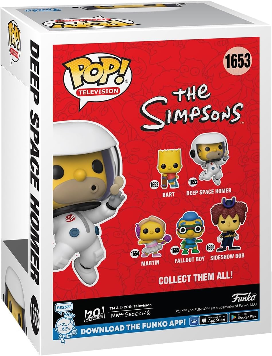 Funko Pop! packaging for The Simpsons figures, featuring Deep Space Homer and other characters.