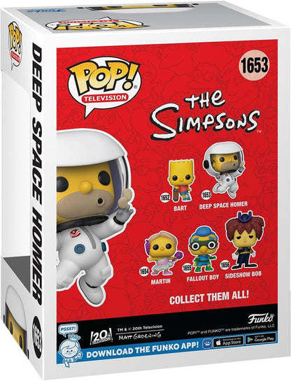 Funko Pop! packaging for The Simpsons figures, featuring Deep Space Homer and other characters.