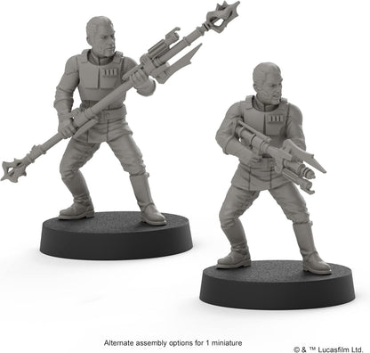 Two gray miniature figures with weapons on black bases against a white background.