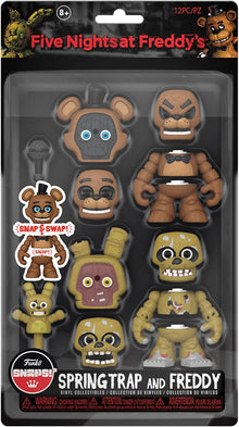 Packaged set of 'Five Nights at Freddy's' Springtrap and Freddy figures with interchangeable faces.