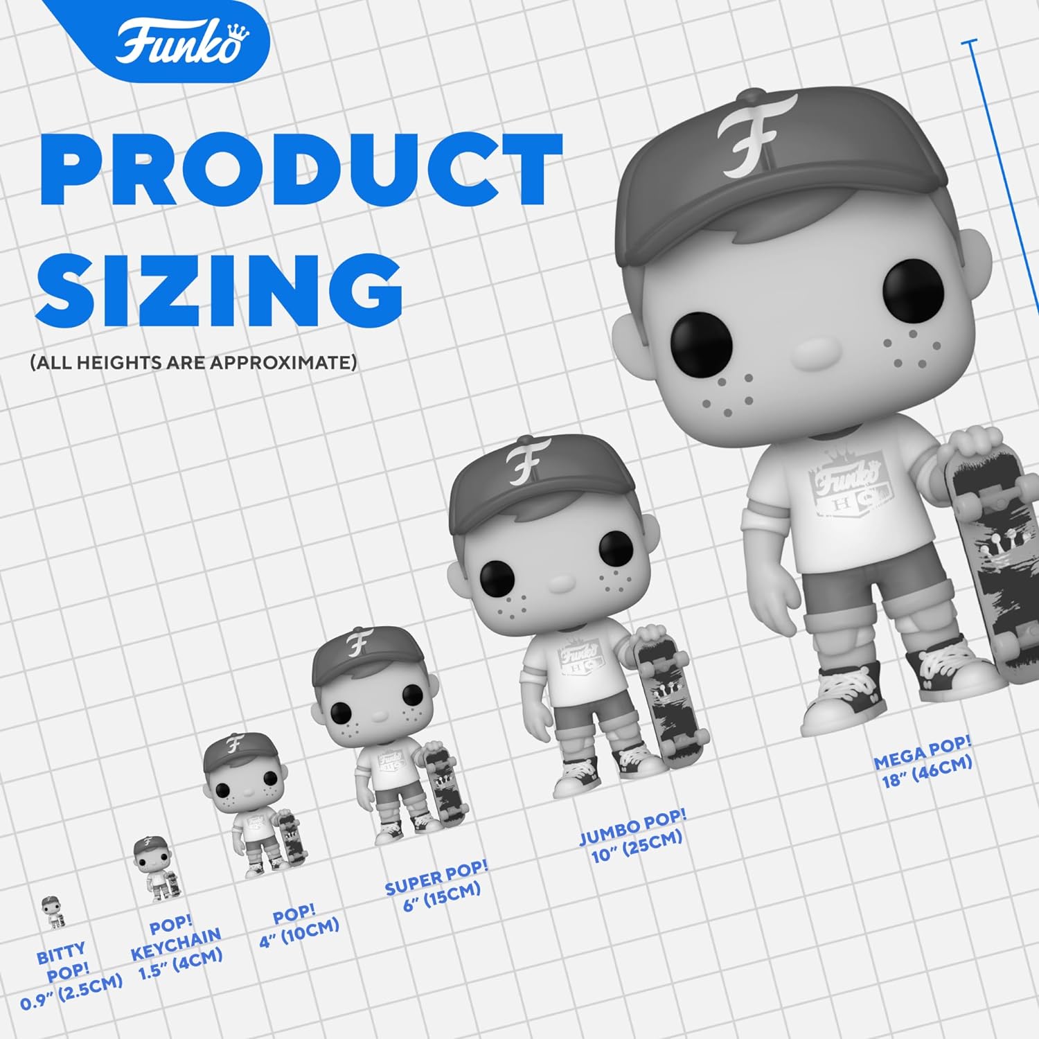 Funko Pop! product sizing chart with various sizes on a grid background