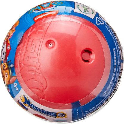 Red plastic toy with blue and white packaging featuring cartoon characters