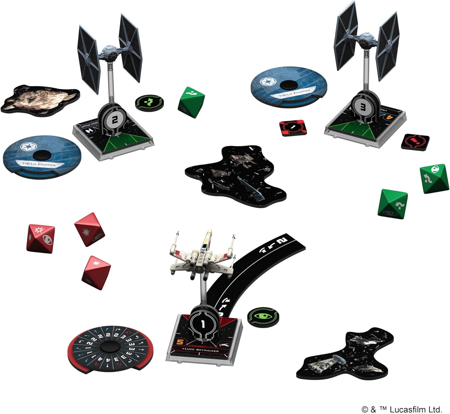 Star Wars-themed board game components including ships and dice on a white background.