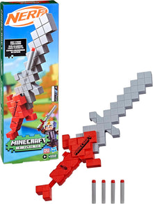 Nerf Minecraft themed toy sword with red and gray design, next to its packaging.