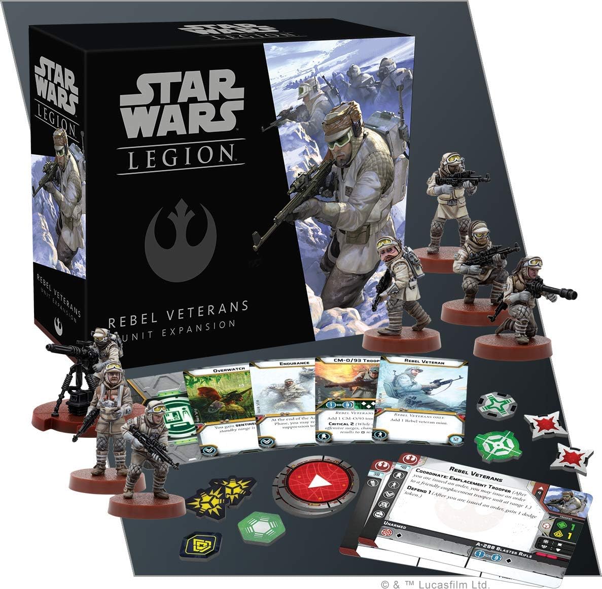 Star Wars Legion Rebel Veterans unit expansion set with figures, cards, and box.