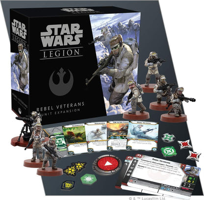 Star Wars Legion Rebel Veterans unit expansion set with figures, cards, and box.
