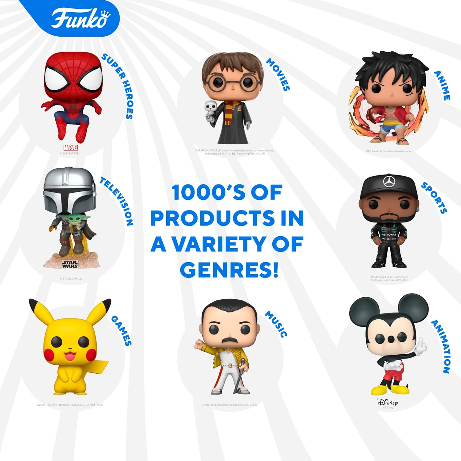 Funko product display with various characters and categories on a white background