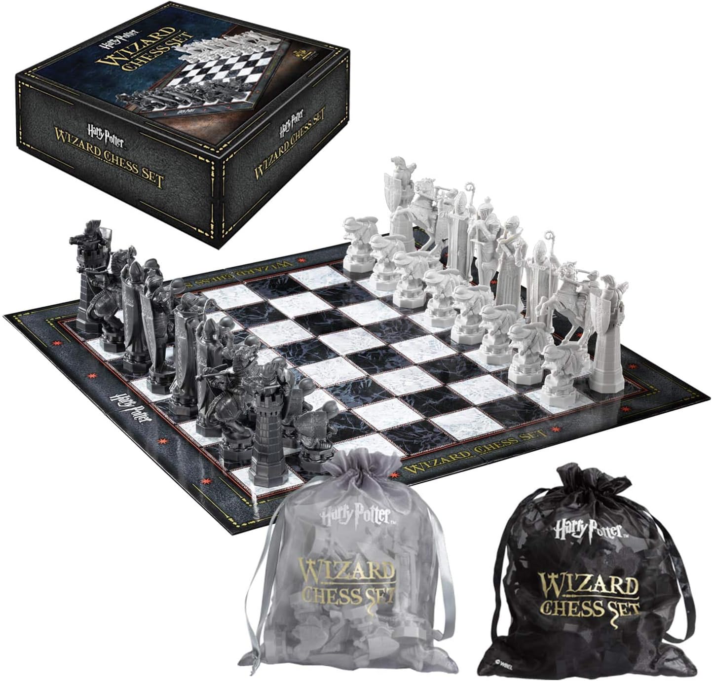 Harry Potter Wizard Chess Set with pieces, board, and carrying bags on a white background
