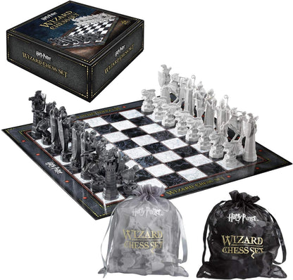 Harry Potter Wizard Chess Set with pieces, board, and carrying bags on a white background