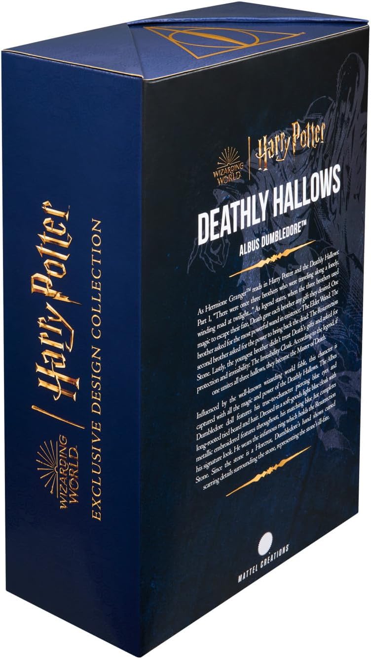 Harry Potter 'Deathly Hallows' exclusive design collection box with gold text on a blue background