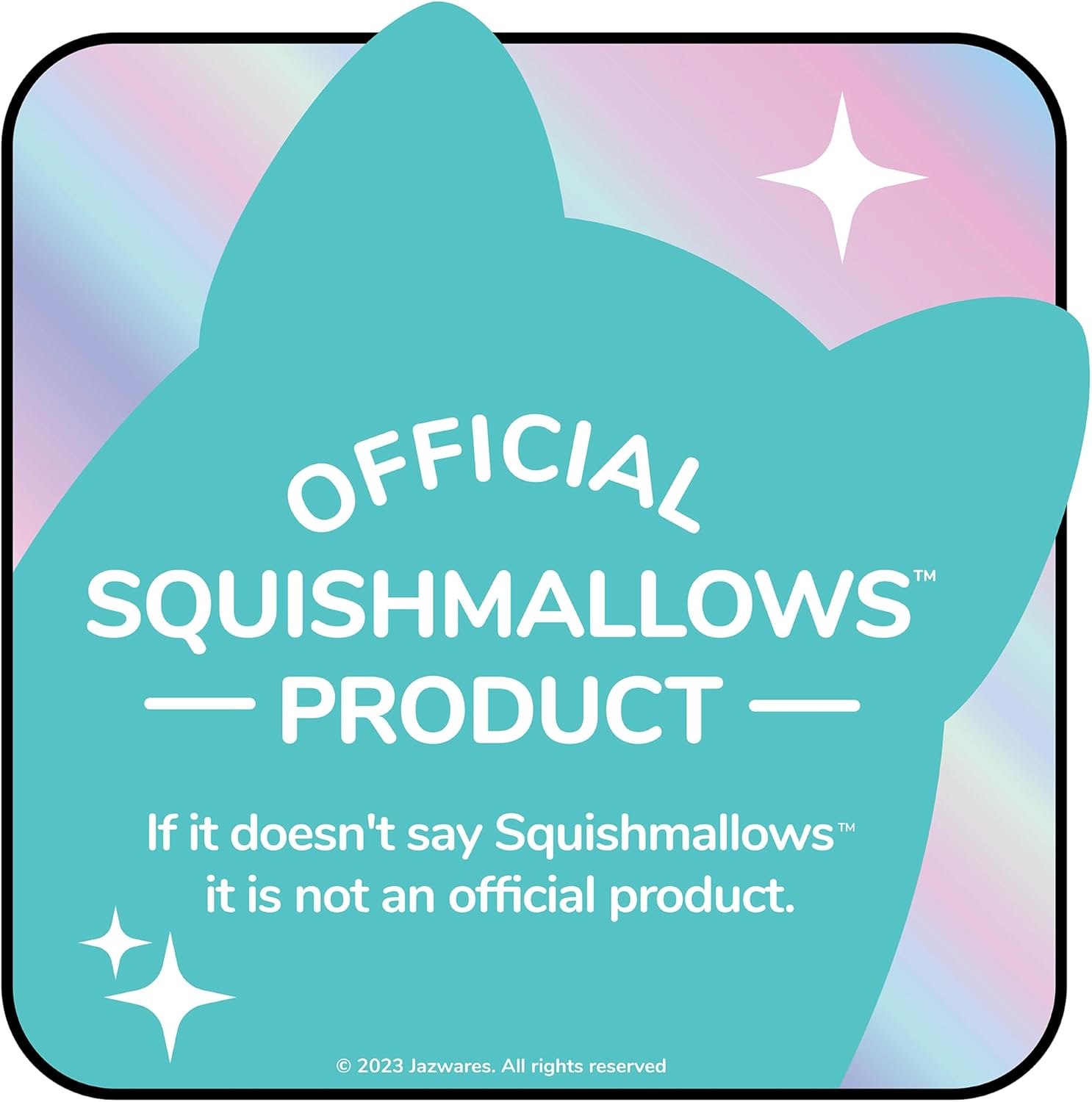 Teal silhouette of a Squishmallows character with text declaring it an official product on a pastel gradient background.