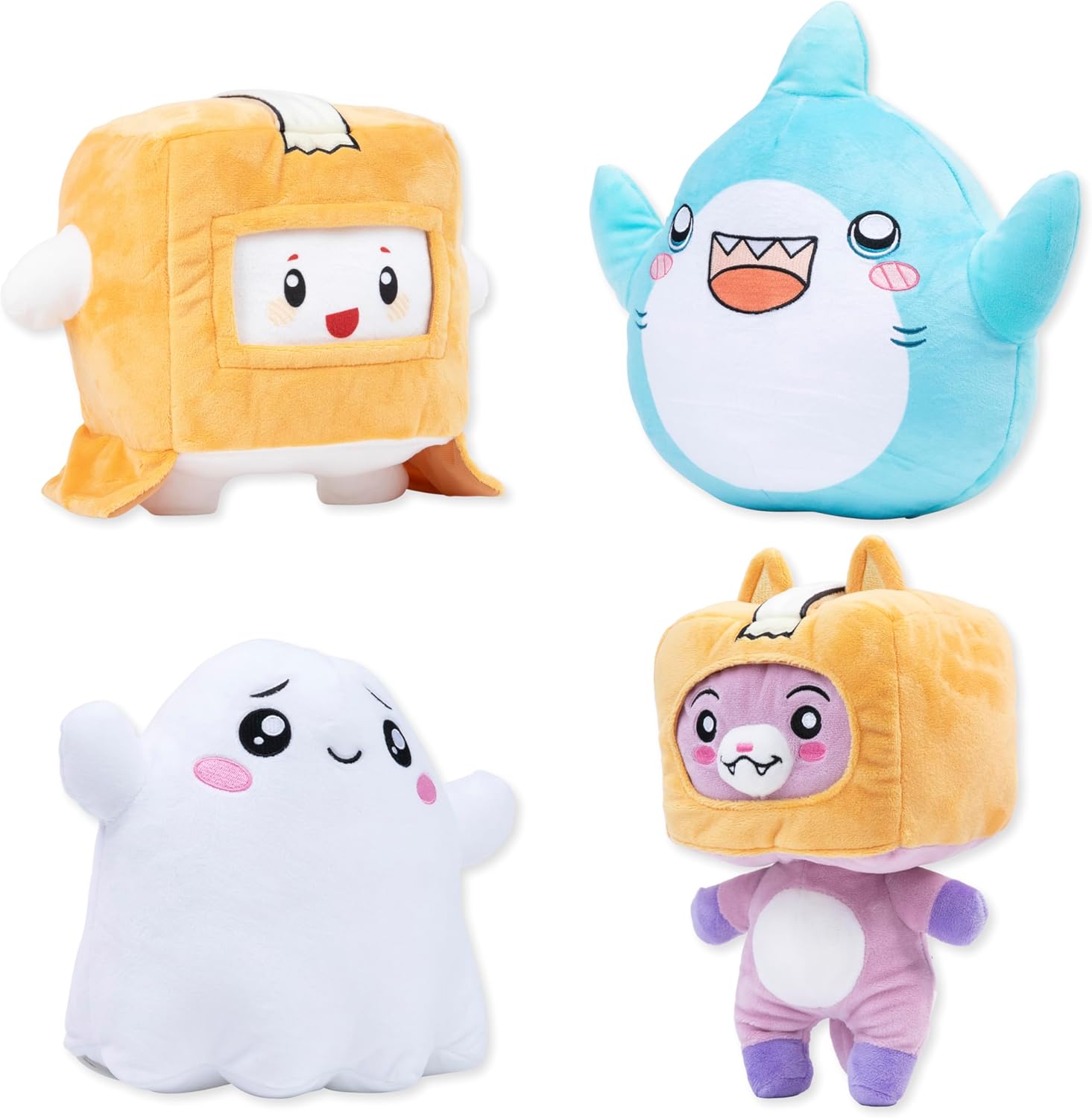 Four colorful plush toys with cartoon faces on a white background