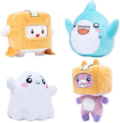 Four colorful plush toys with cartoon faces on a white background