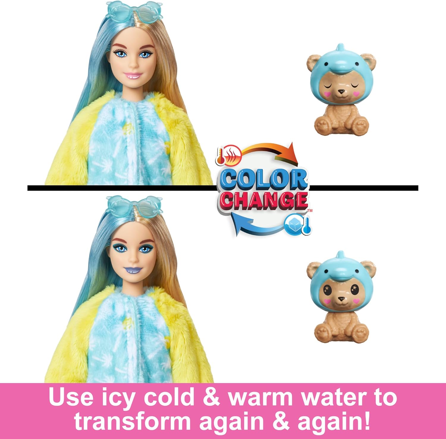 Toy set with a doll and bear in color-changing hats, featuring the 'Color Change' logo.