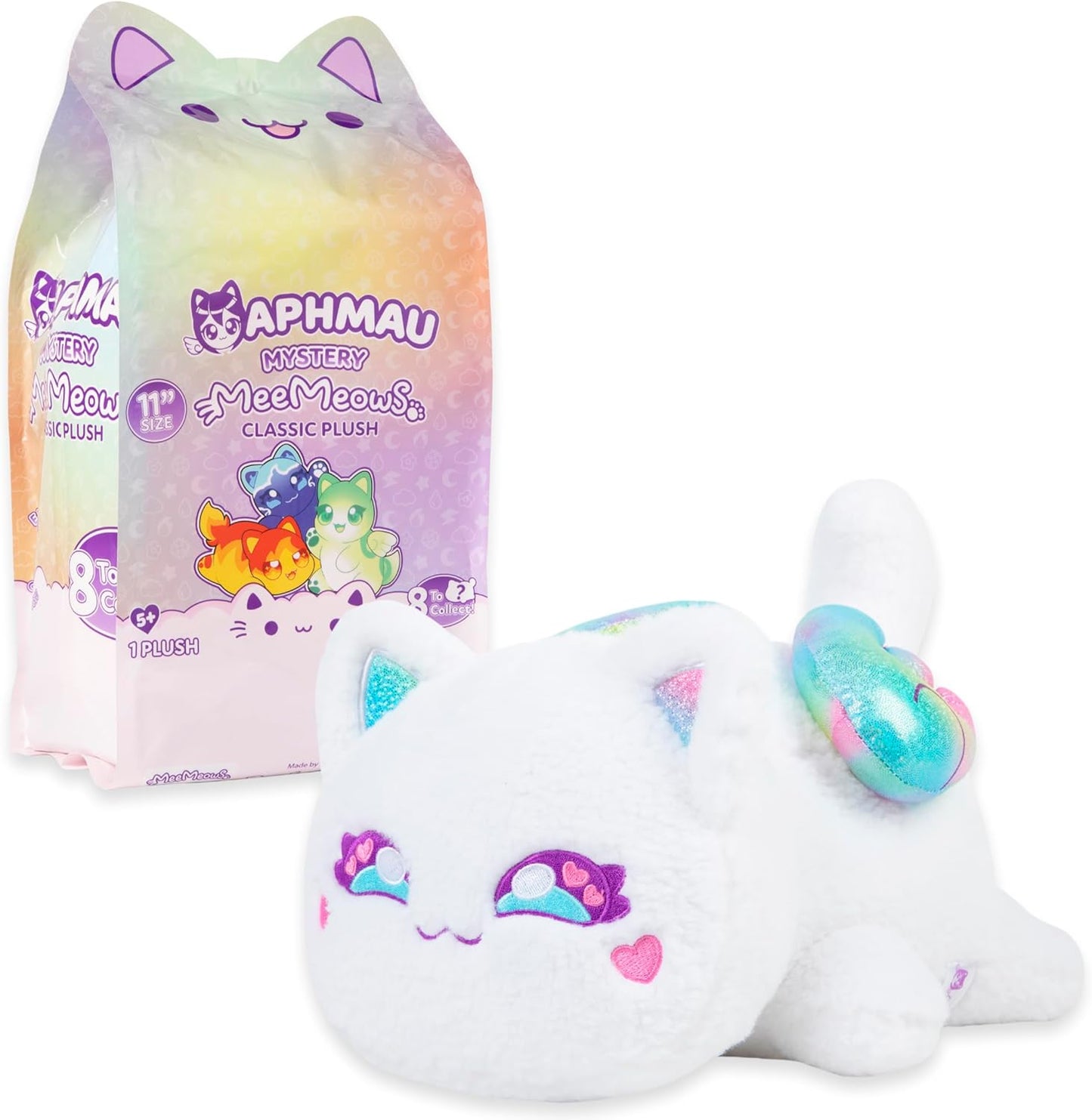 Aphmau plush toy with colorful accents next to its packaging on a white background