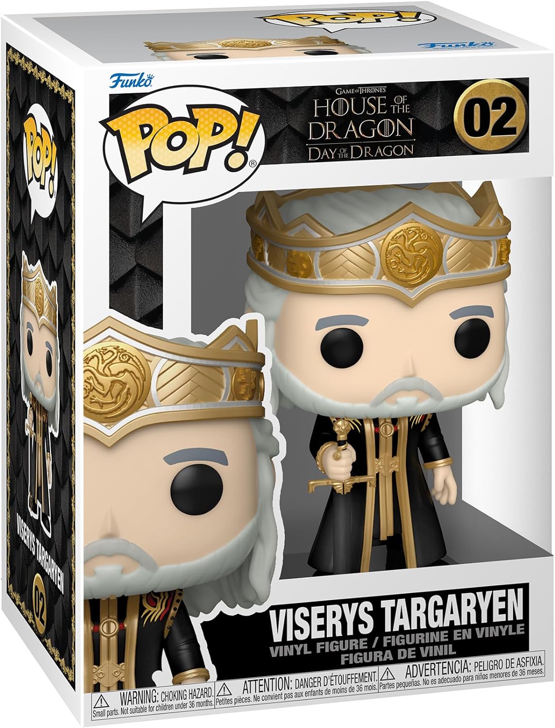 Funko Pop! vinyl figure of Viserys Targaryen in packaging with 'House of the Dragon' branding.