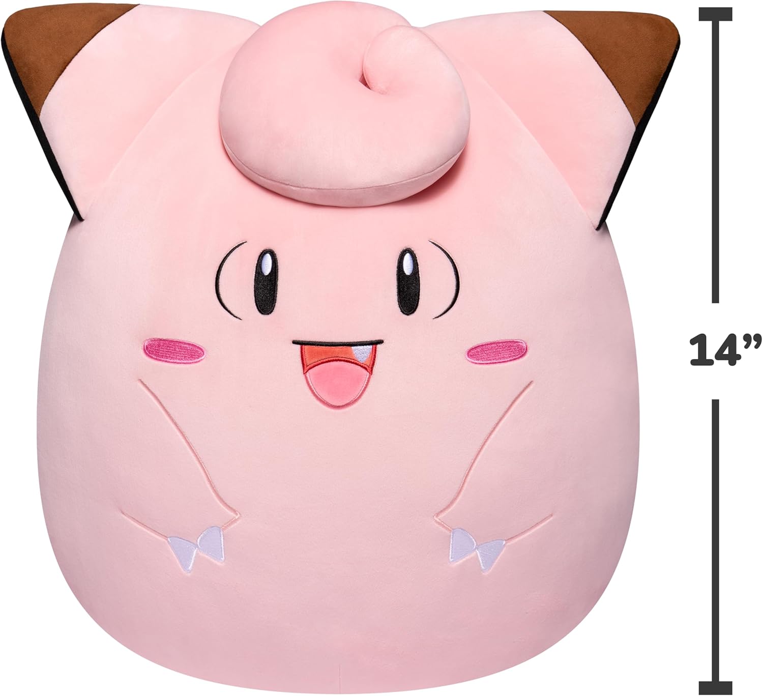 Clefairy plush toy with cat ears and a measurement label indicating 14" size.