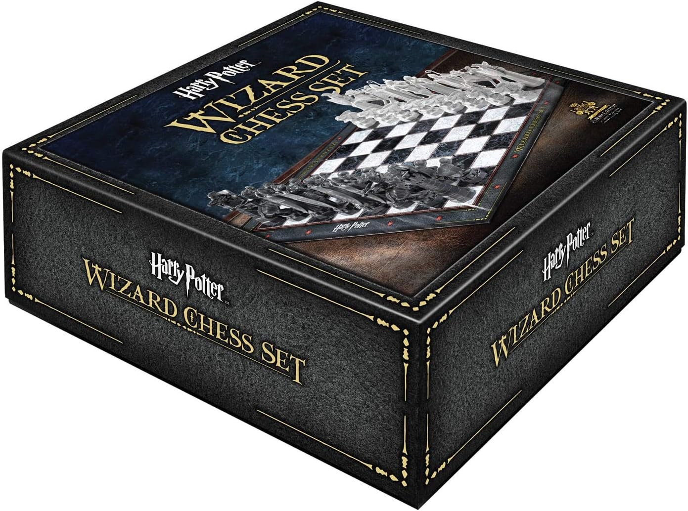 Box of Harry Potter Wizard Chess Set with chess pieces on top