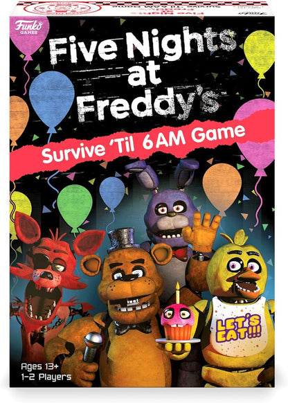 Board game box for 'Five Nights at Freddy's' with characters and balloons on a dark background