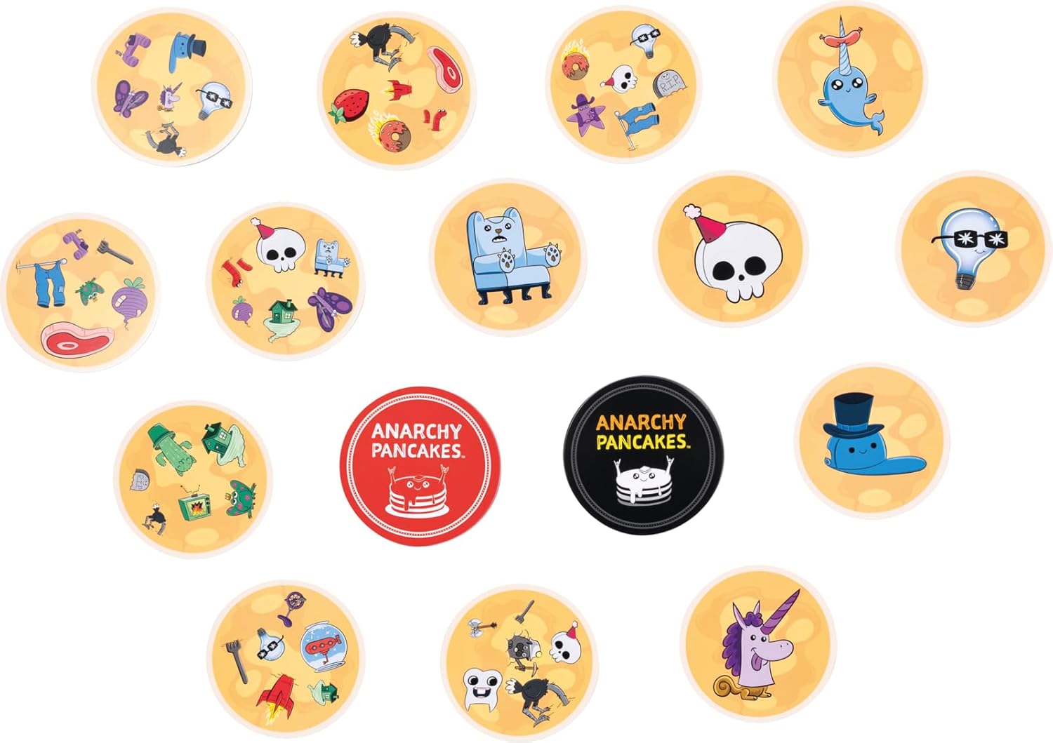 Collection of colorful buttons with various designs and 'Anarchy Pancakes' branding.