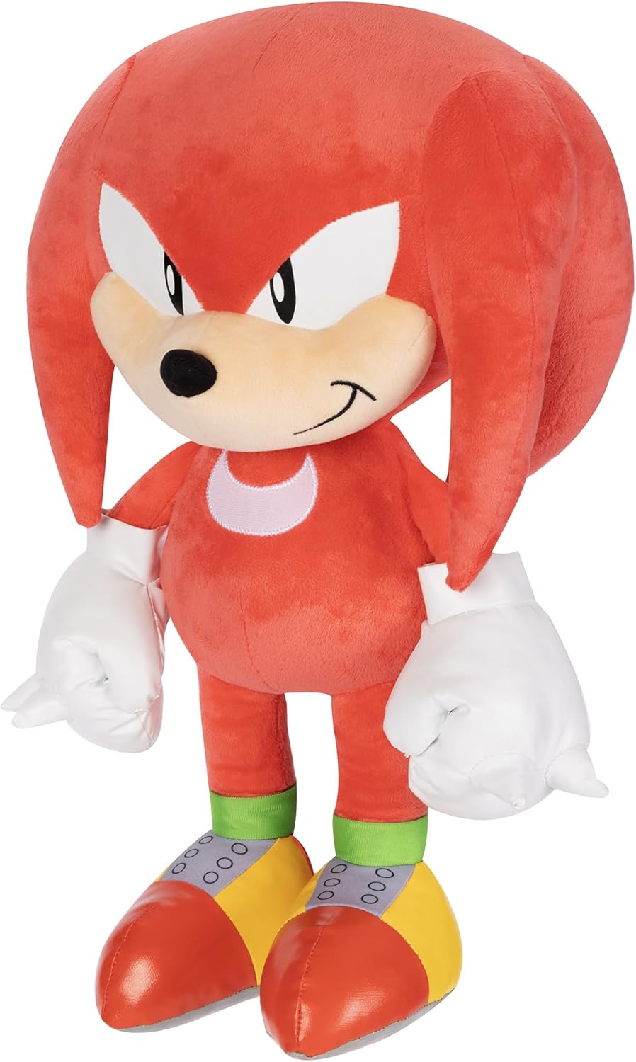 Plush toy Knuckles character with red hair and colorful shoes on a white background