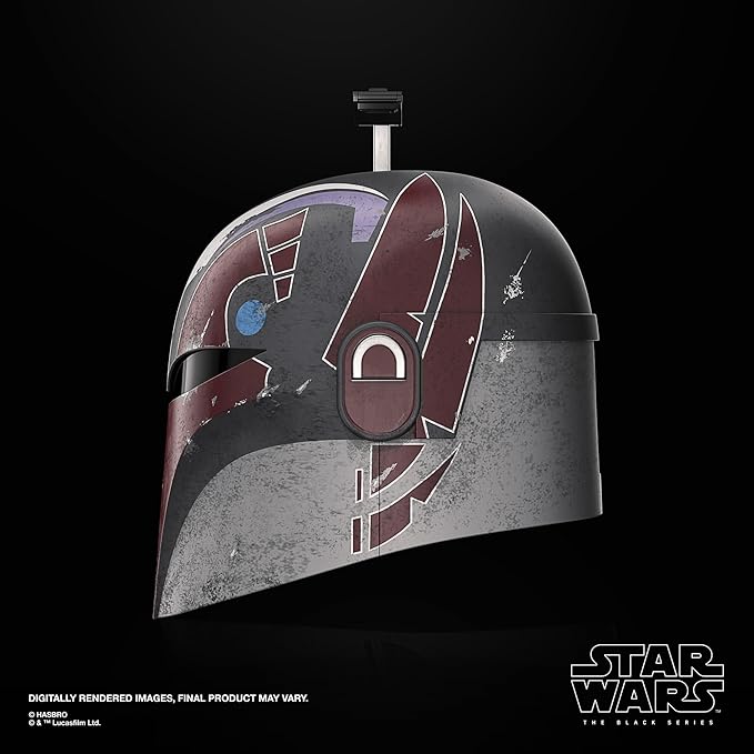 Star Wars Sabine Wren's helmet with distinctive design on a black background