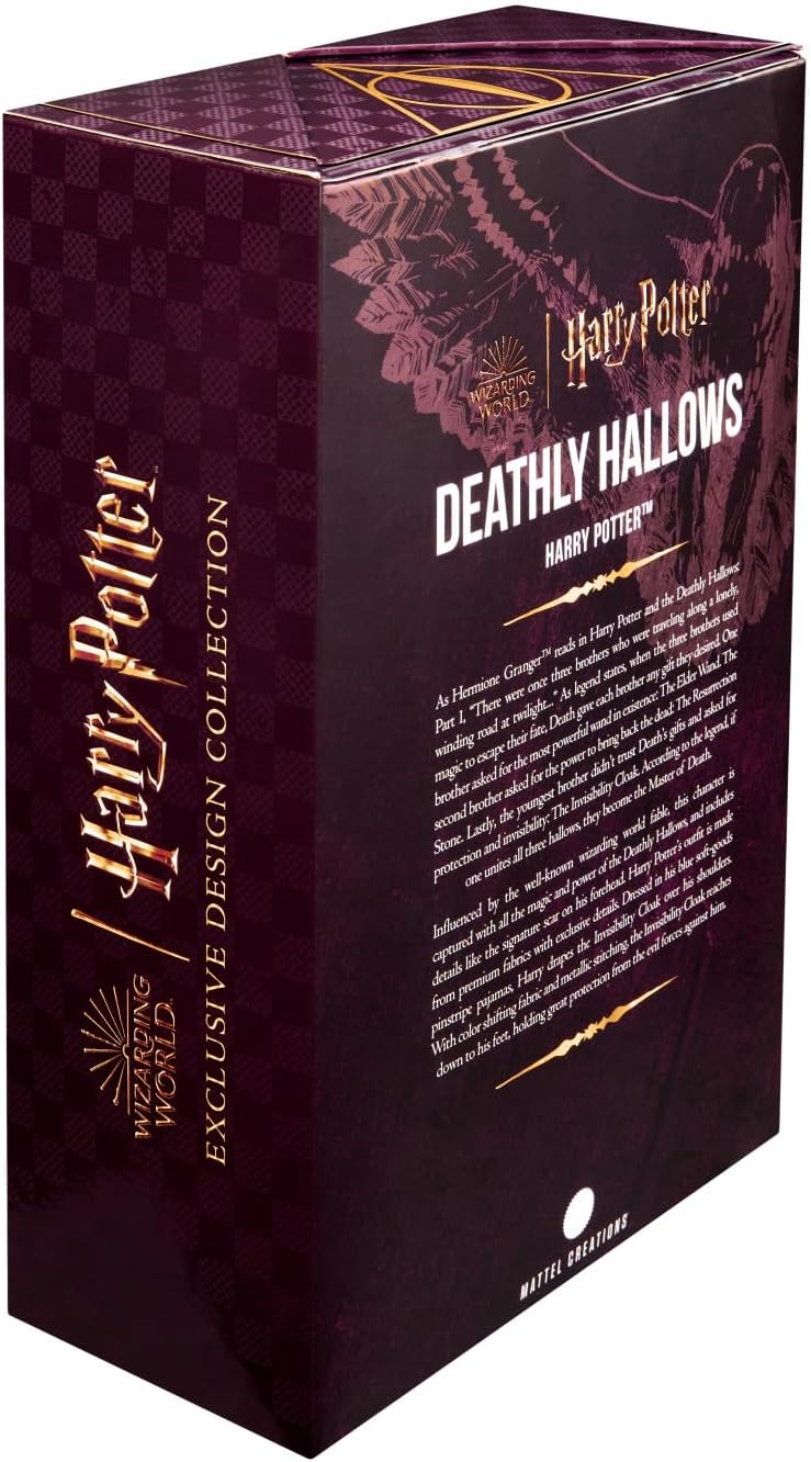 Box for 'Harry Potter: Deathly Hallows' exclusive design collection with maroon and gold design.