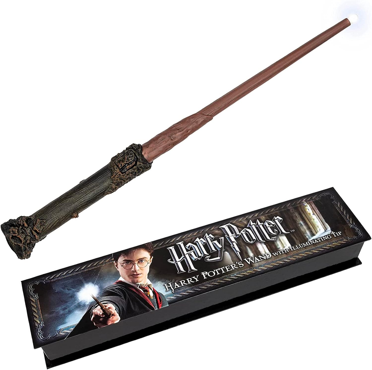 Harry Potter wand with packaging featuring a character holding the wand.