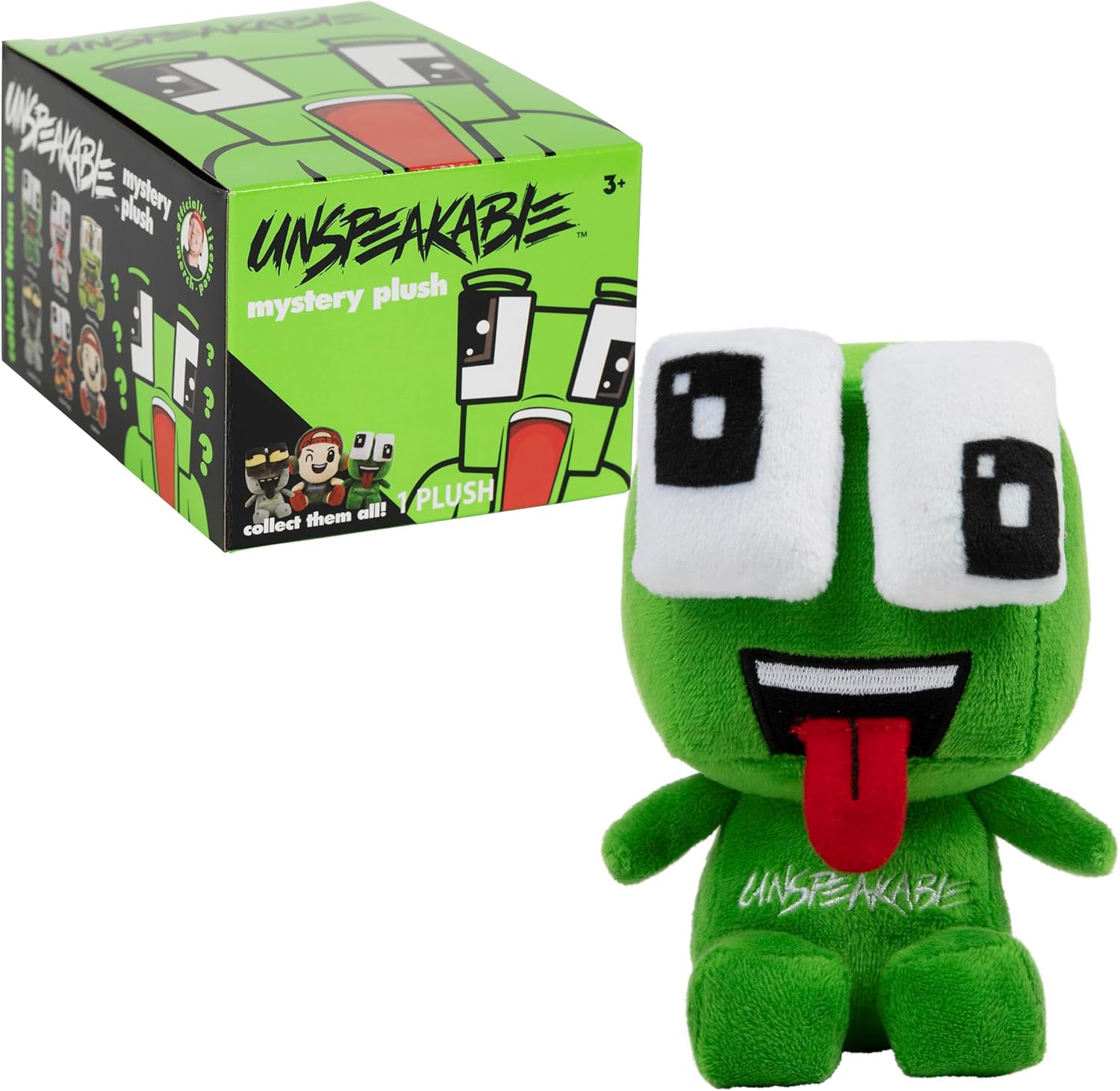 Green plush toy with 'Unspeakable' branding next to its packaging