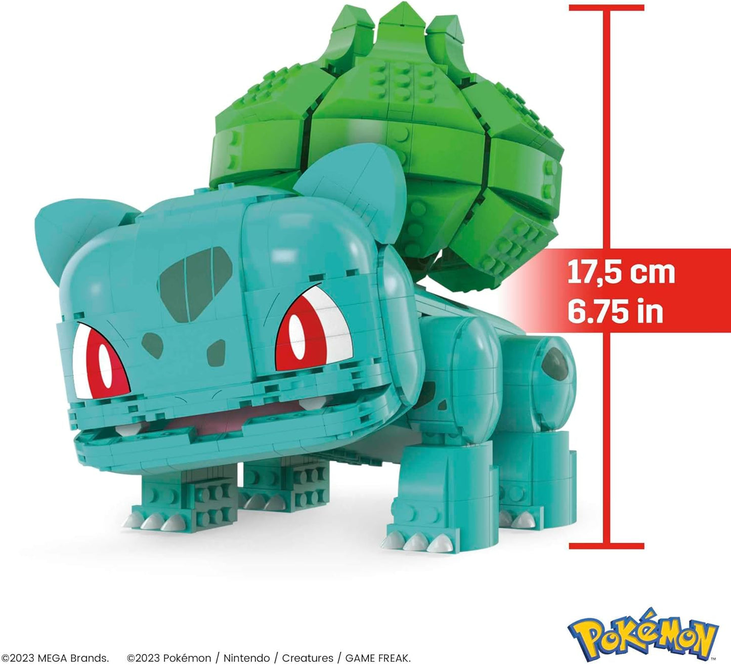 Toy figure of a Pokémon with dimensions displayed on a white background