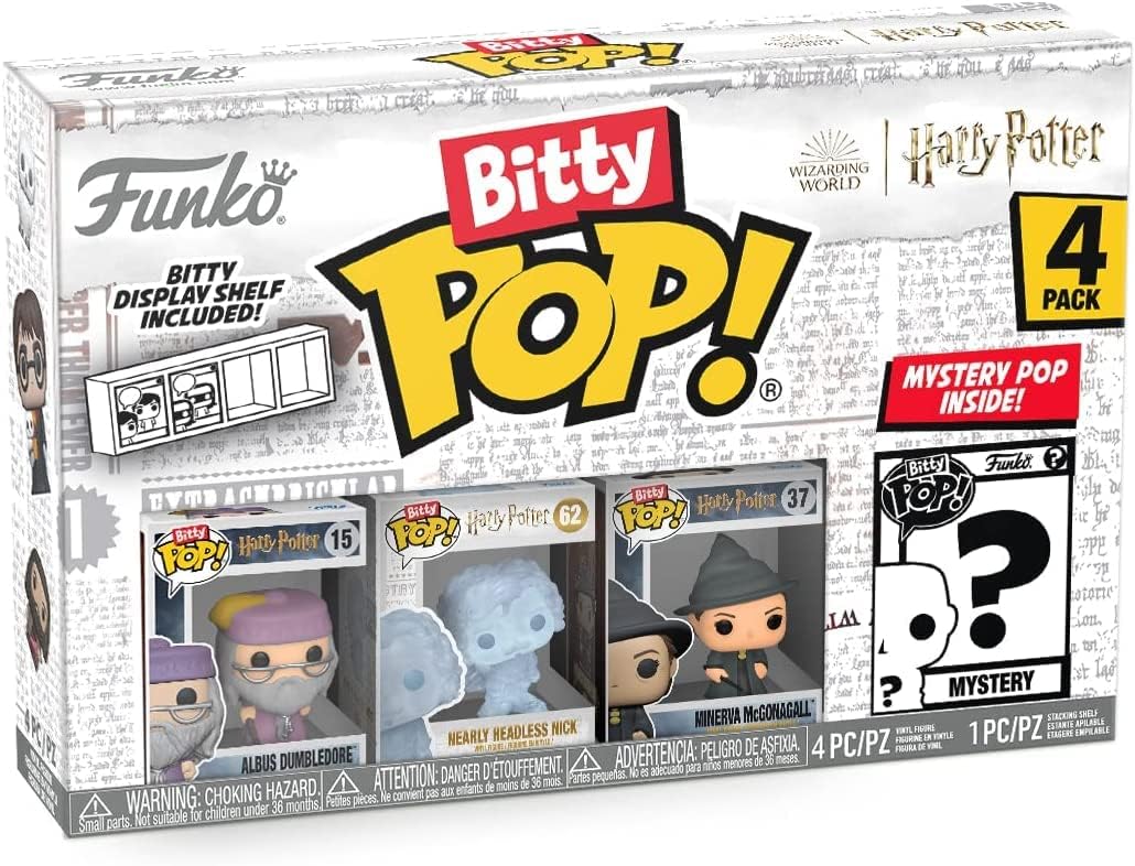 Funko Bitty Pop! Harry Potter 4-pack packaging with display shelf and mystery figure included.